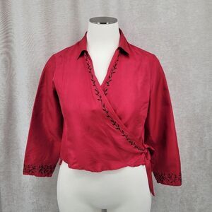 Coldwater Creek Red Silk Embroidered Wrap Cropped Blouse 3/4 Sleeves Plus Size